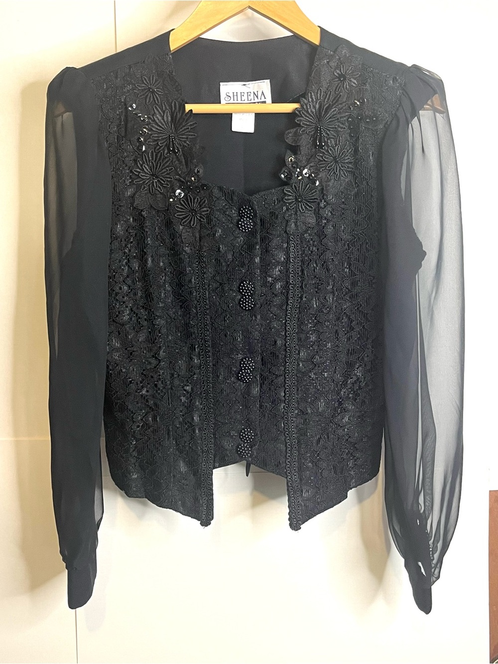 Sheena Collection (VTG S, Fits XS) Black Lace Front Evening Blouse - AS IS